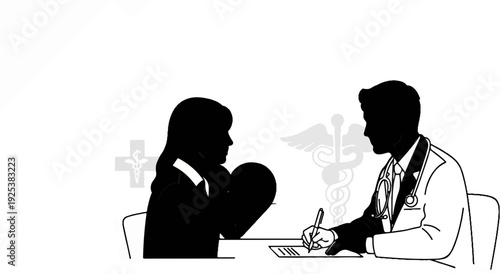 Doctor consults patient, both silhouetted, with medical symbols in background