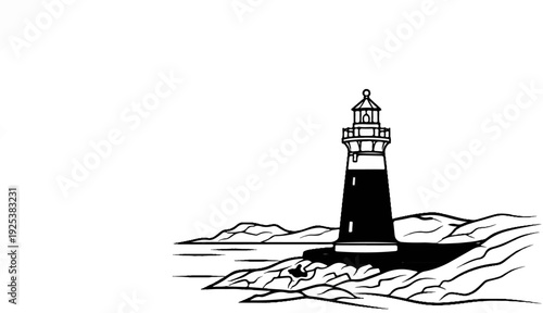 A black and white illustration of a lighthouse on a rocky shore near the water