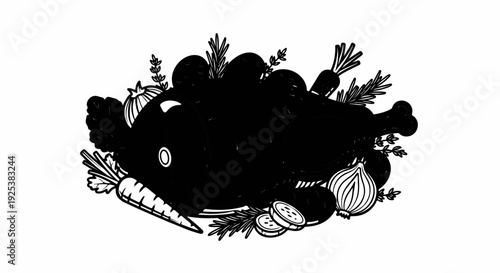 A black and white illustration of a whole roast chicken with carrots, onions, and herbs