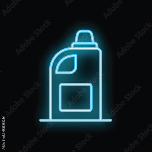 Bright blue neon icon of plastic bottle with cleaning agent glowing on dark background