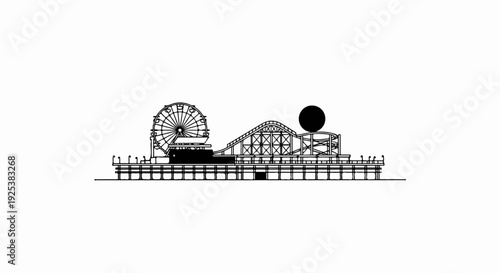 A black and white line drawing of an amusement pier with a Ferris wheel and roller coaster