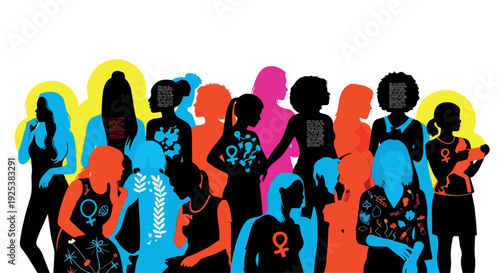 Colorful silhouettes of diverse people standing together in various poses against a white background with vibrant yellow, pink, orange, and blue hues.