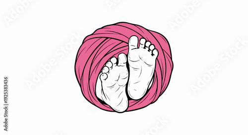 A close-up illustration of two bare feet emerging from a large ball of pink yarn