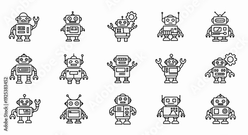 A collection of fifteen simple, stylized robot illustrations in black outline