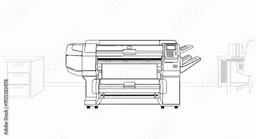 A line drawing shows a large plotter printer in the center of an office setting