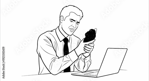 Businessman disgusted by food item in hand in front of laptop