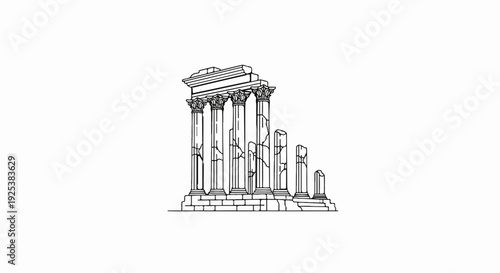 Ancient crumbling pillars and partial entablature on a stone base