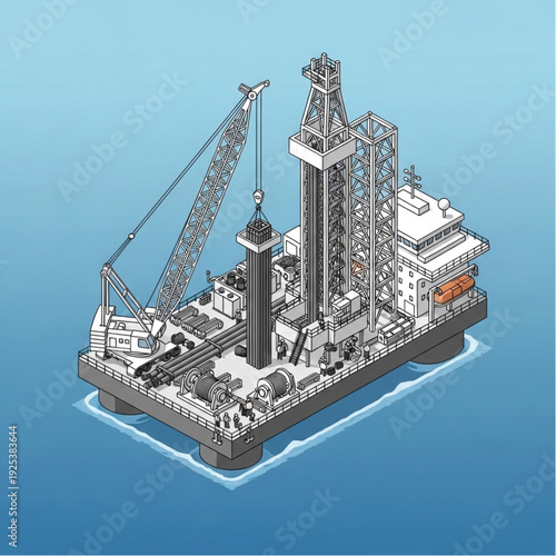 Offshore oil rig platform with cranes and drilling equipment.