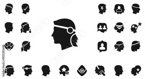 Collection of Silhouette Head Icons with Various Symbols and Accessories.