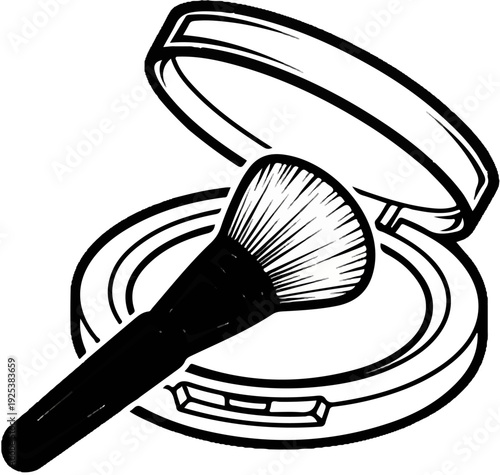 Black and white illustration of an open compact powder case with a brush