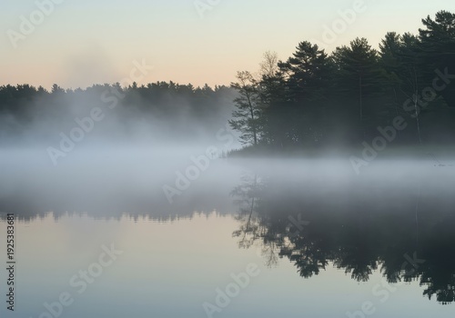 A tranquil morning scene featuring still water and dense fog, evoking deep feelings of peace, reflection, and natural solitude in the quiet wilderness ,scenic ,travel ,deep