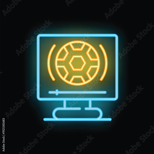 Neon icon of a soccer ball displayed on a computer monitor screen, representing online sports streaming and entertainment