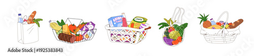 Shopping mesh bags with food set. Outline grocery baskets with colored purchases. Carts, shoppers, paper packs full of supermarket goods. Flat isolated vector illustrations on white background.