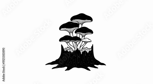 Group of dark mushrooms growing from a weathered tree stump