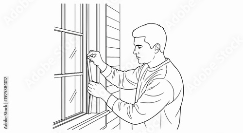 Person applying weather stripping to a window frame