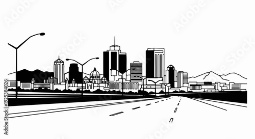 Stylized city skyline with road leading into mountains and modern buildings