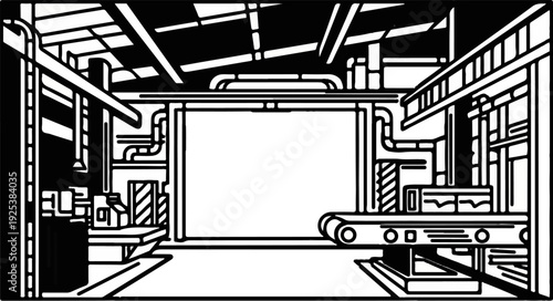 Stylized factory interior with machinery, pipes, and conveyor belt