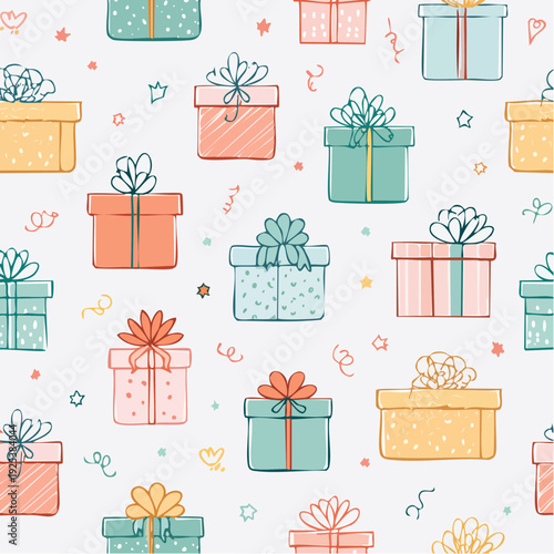 Colorful gifts and confetti pattern, celebrating special occasions and joyful moments, viewed from directly above in a festive arrangement