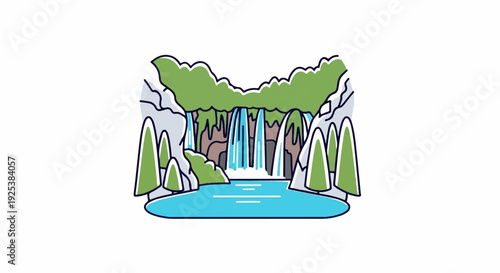 Stylized cartoon illustration of a multi-tiered waterfall cascading into a clear blue pool
