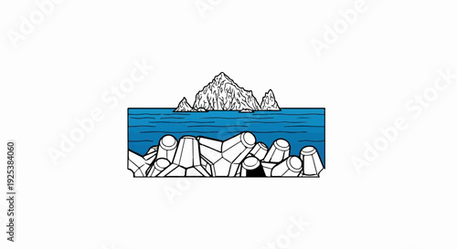 Rocky island in blue water with concrete wave breakers in foreground