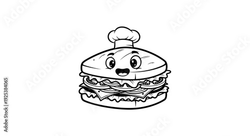 Cute Cartoon Sandwich Chef Line Art Illustration