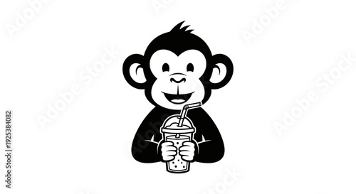 Cute Happy Cartoon Monkey Character Holding a Refreshing Drink