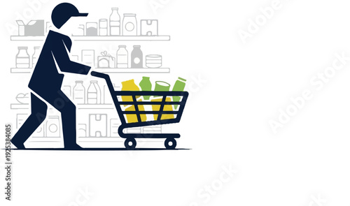 Person pushes filled shopping cart past store shelves