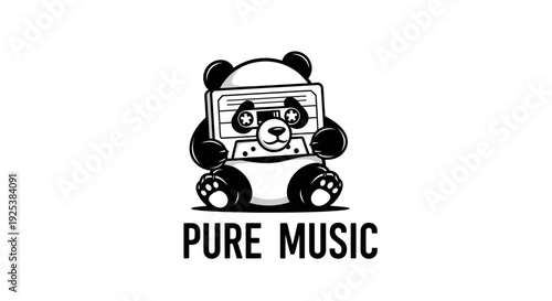 Cute Panda Holding Retro Cassette Tape Logo - Pure Music Concept Illustration