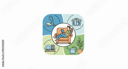 Person relaxing in chair surrounded by household chores cleaning, laundry, dishes