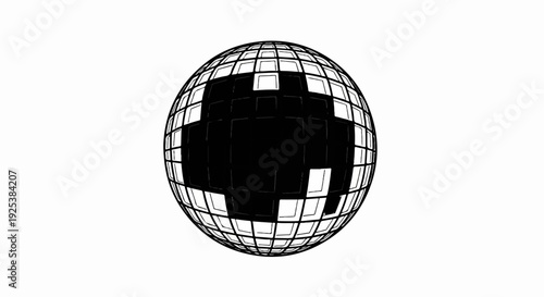 A black and white illustration of a globe with a grid pattern and dark patches