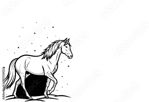 A black and white illustration of a horse walking, with scattered dots