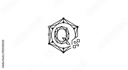 Digital Q letter icon in a futuristic geometric network frame