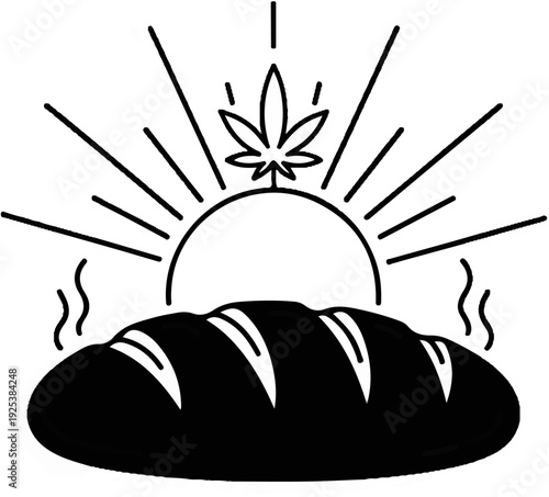 Rising sun behind bread, with cannabis leaf symbol above