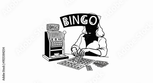 Person playing bingo next to a machine with cards and money on table