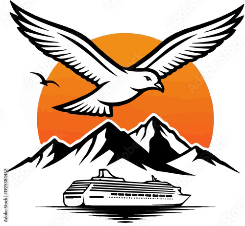 A large bird soars over a cruise ship, mountains, and sun