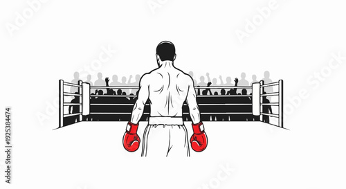 Back of a boxer in ring, crowd cheering