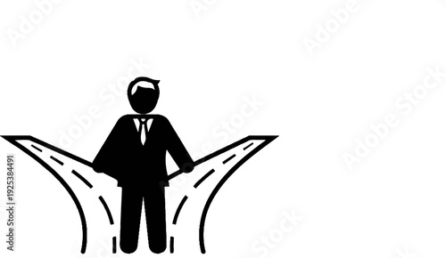 A person in a suit stands at a crossroads, representing a choice