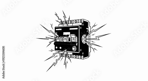 Black and white illustration of an electrical circuit breaker with lightning bolts