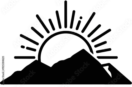 A stylized black and white graphic depicts a sunrise over jagged mountains