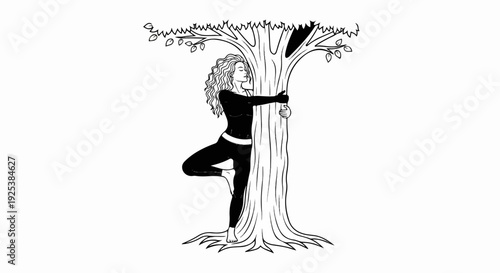 Woman in yoga pose embracing a tree