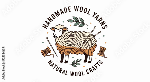 A sheep forms a ball of yarn, surrounded by knitting needles and spools