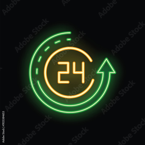Neon sign showing a 24 hour cycle with an arrow, ideal for representing availability