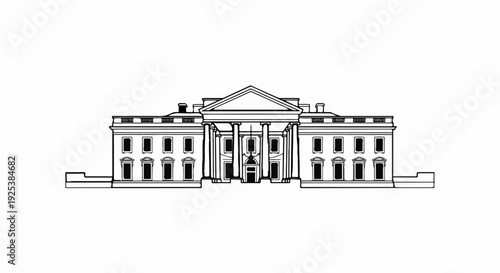 A stylized line drawing of a grand neoclassical building with columns