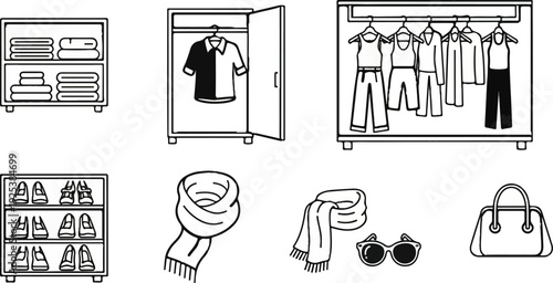 Various clothing items and storage solutions, including folded towels, shirts, pants, scarves, shoes, and a handbag