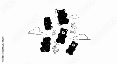 Black and white cartoon gummy bears, some gray, floating among clouds