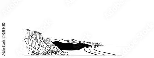 Stylized ink drawing of a coastal road winding past cliffs and hills