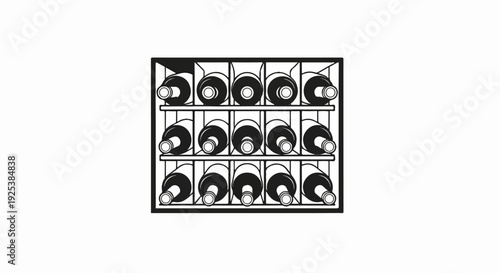 Black and white drawing of a wine rack filled with bottles