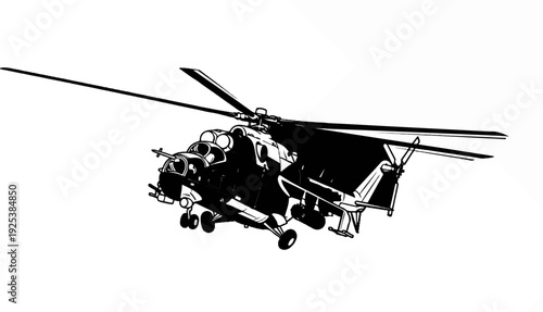 Black and white illustration of a military attack helicopter in flight