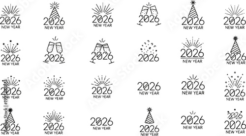 A collection of minimalist New Year 2026 celebratory icons and designs