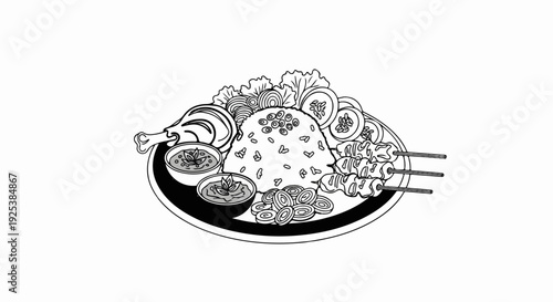 A delicious meal with rice, skewers, chicken leg, and dips is depicted